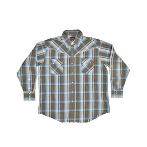 Plains Western Wear Shirt Mens XL Brown Blue Plaid Snap Button Long Sleeve
